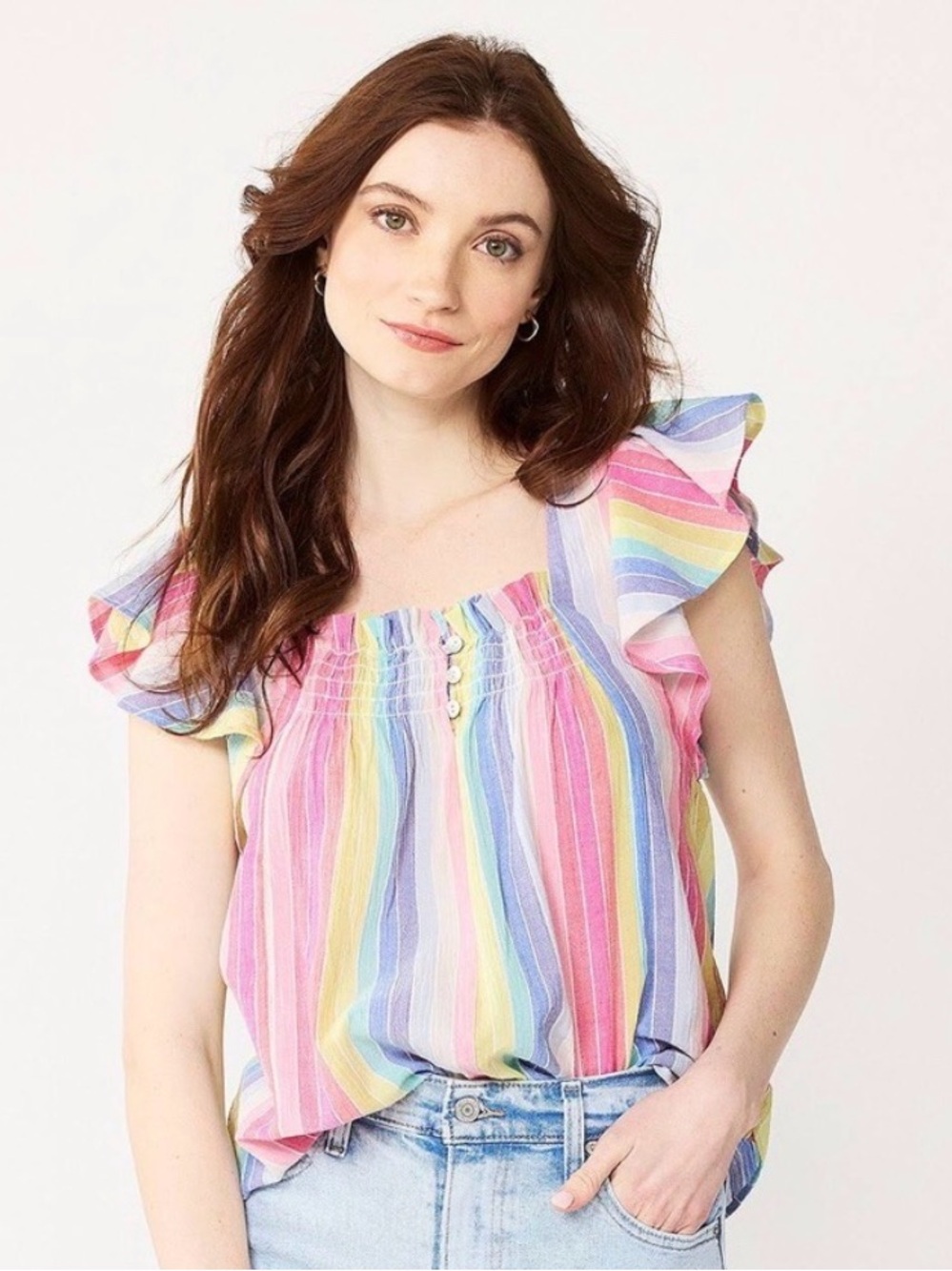 NWT Draper James rainbow striped flutter sleeve smocked shirt